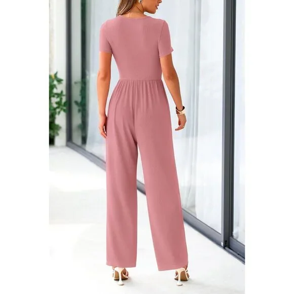 Women's Dusty Pink Summer Short Sleeve Square Neck Wide Leg Rompers Jumpsuits - Picture 2 of 8